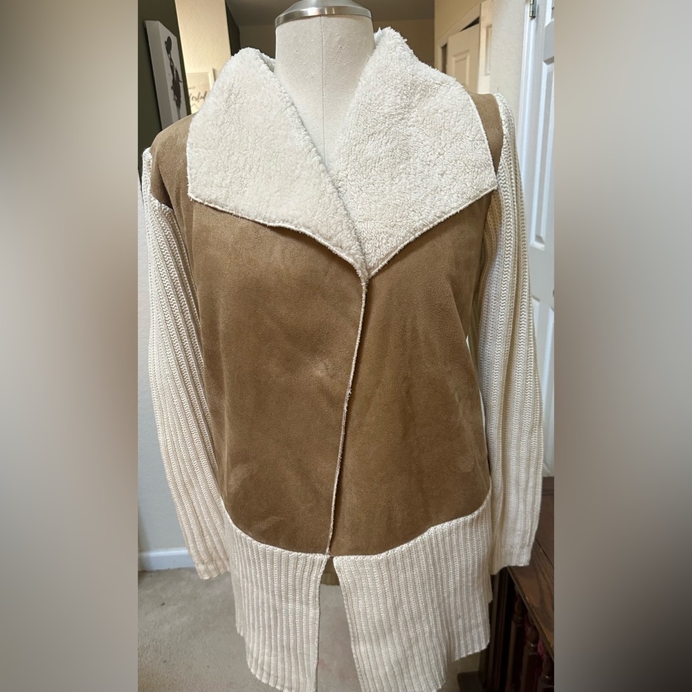 Mixed media sweater jacket tan suede/odd white knit 2X